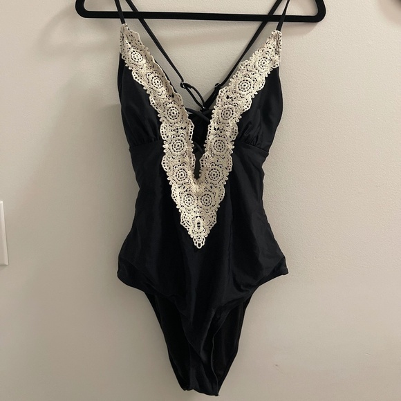 Black One-Piece Swim with Crochet Neckline - Picture 2 of 4